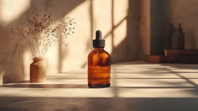 Amber dropper serum bottle on a sunlit windowsill with warm long shadows and minimal surrounding items.