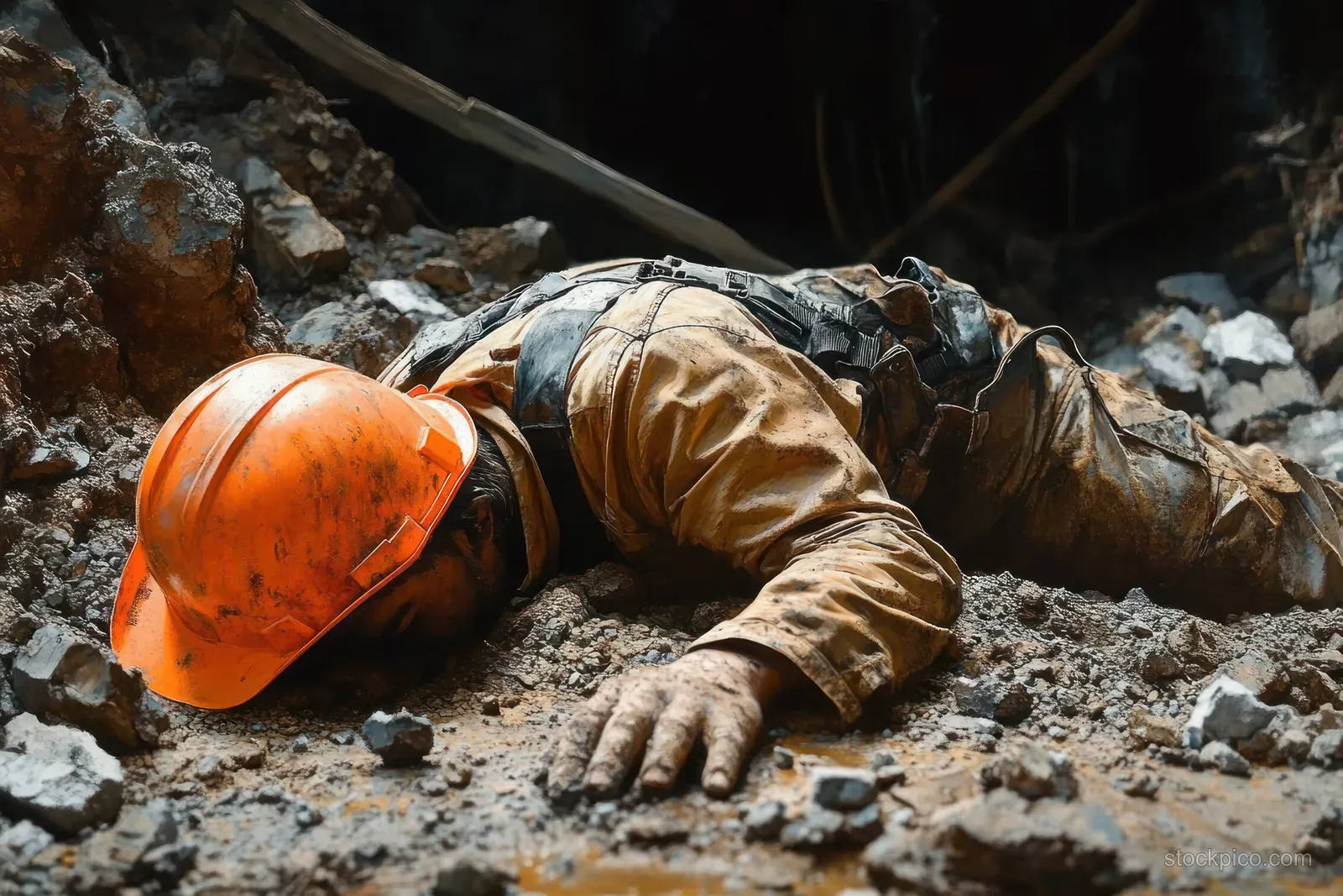 Exhausted miner in dirty protective gear lies face down on a rocky underground floor beside an orange helmet.
