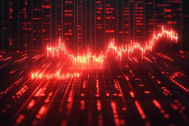 Red cyberpunk chart bars and falling stock trend lines glow on a data grid tunnel background.