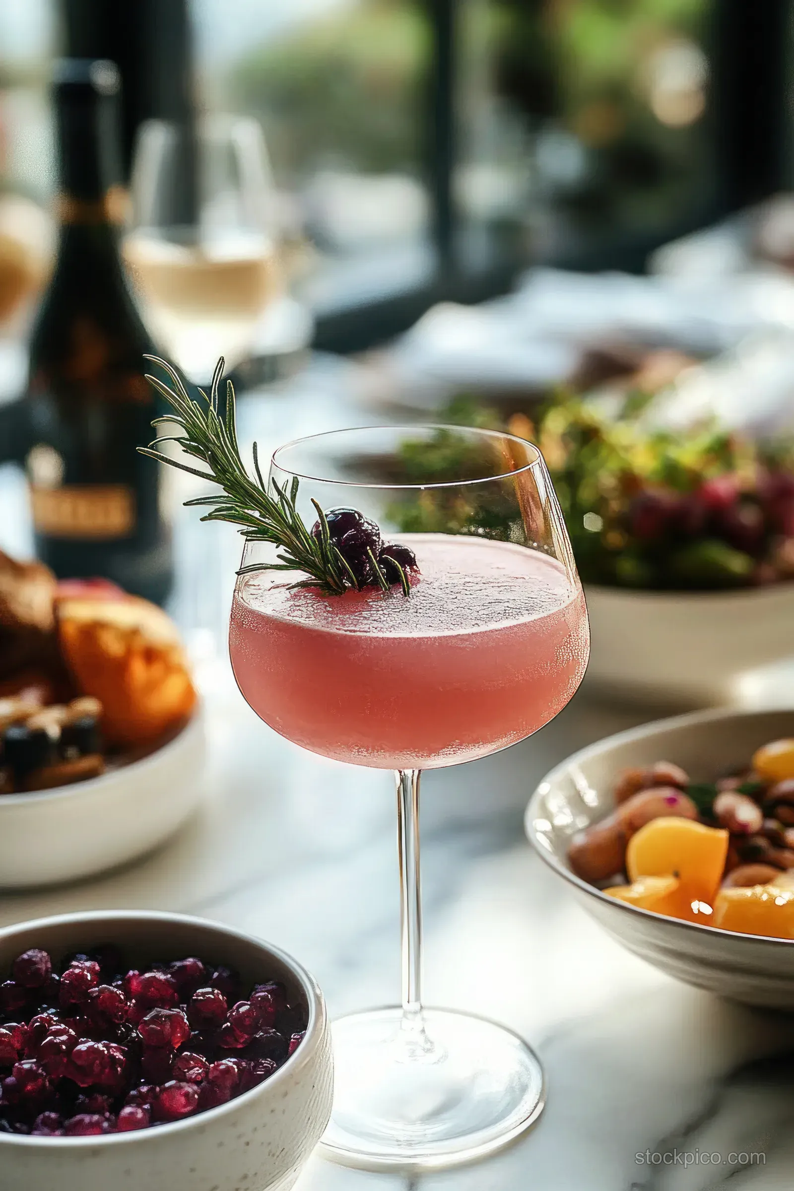 Light pink cocktail garnished with rosemary in a wine glass beside bowls of fresh fruit and salad on a dining table.