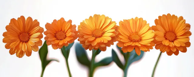 Row of five orange daisy flowers with yellow centers and soft blur