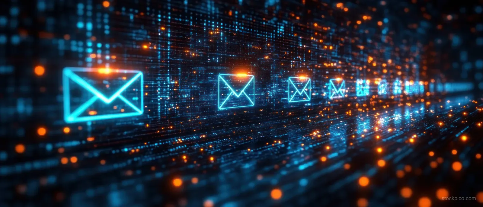 Glowing email icons float over a futuristic dashboard with animated data streams and analytics lines.