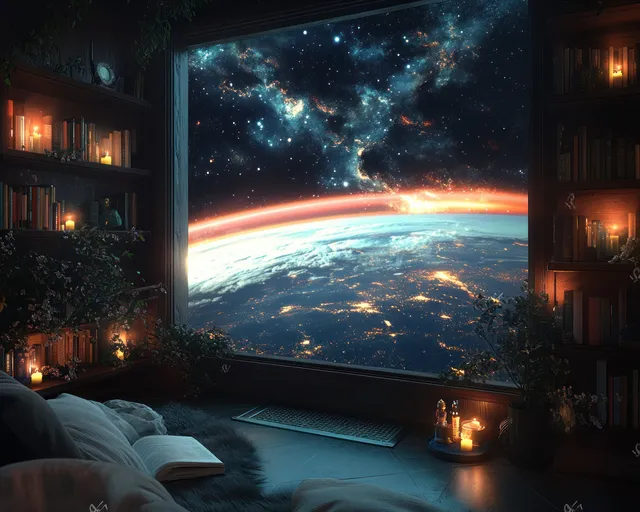 Candlelit books and a blanket fill a spaceship reading nook beside a window showing Earth and stars at night.