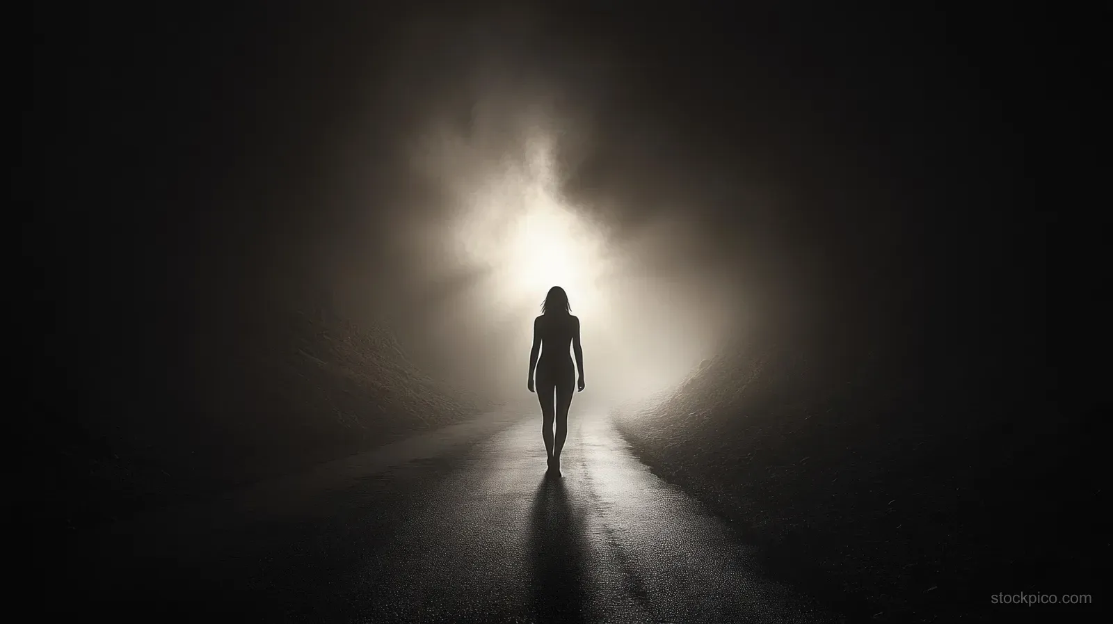 A lone silhouette walks down a foggy dark road toward a glowing light surrounded by mist.
