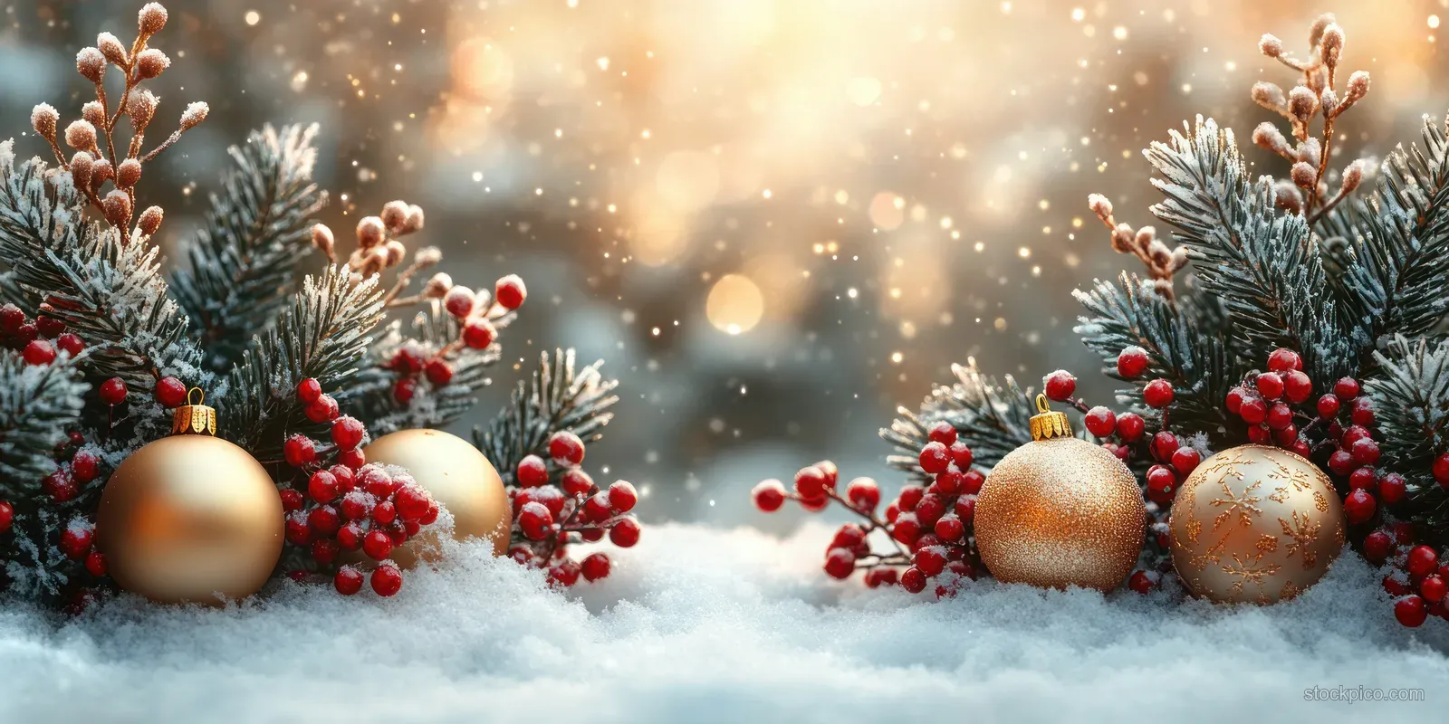 Snowy winter decor shows pine branches with red berries and gold baubles against a soft glowing bokeh background.