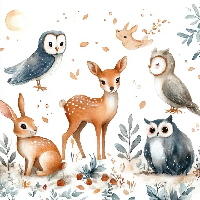 Whimsical watercolor woodland animals—deer, rabbit, owl—around acorns in pastel