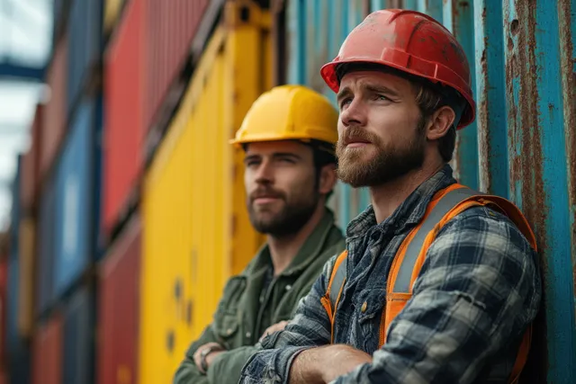 Construction workers review loading plans beside colorful cargo container stacks at a harbor dock