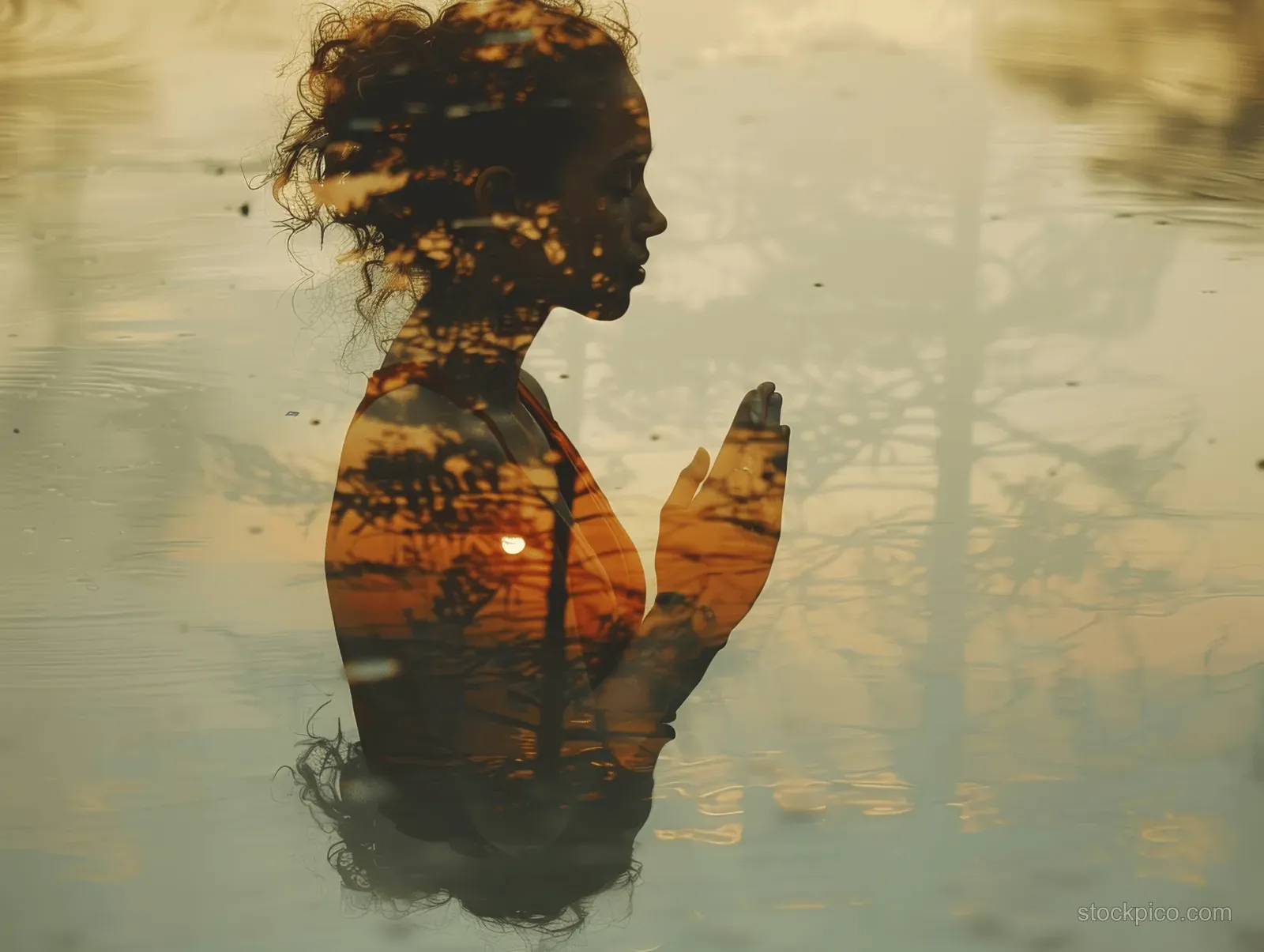 A silhouetted woman meditates with double-exposure sunset and water reflections across her figure.