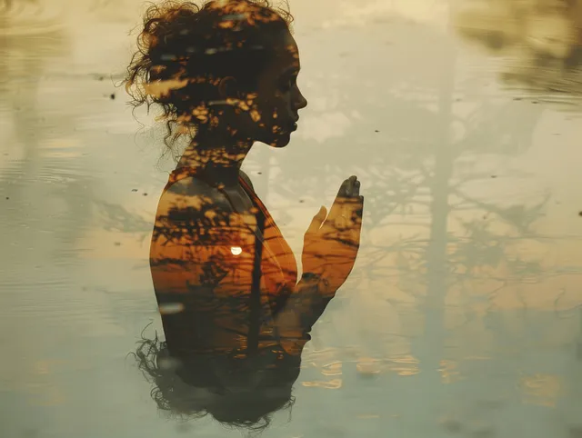A silhouetted woman meditates with double-exposure sunset and water reflections across her figure.