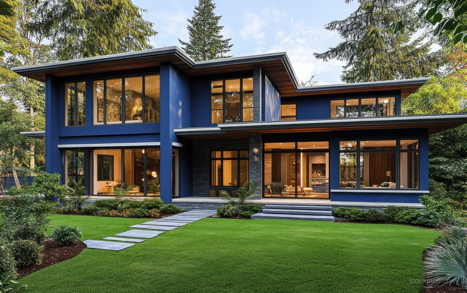 Modern blue house exterior with large windows and a neatly trimmed lawn bordered by shrubs and trees.