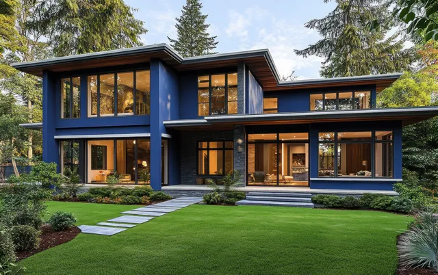 Modern blue house exterior with large windows and a neatly trimmed lawn bordered by shrubs and trees.