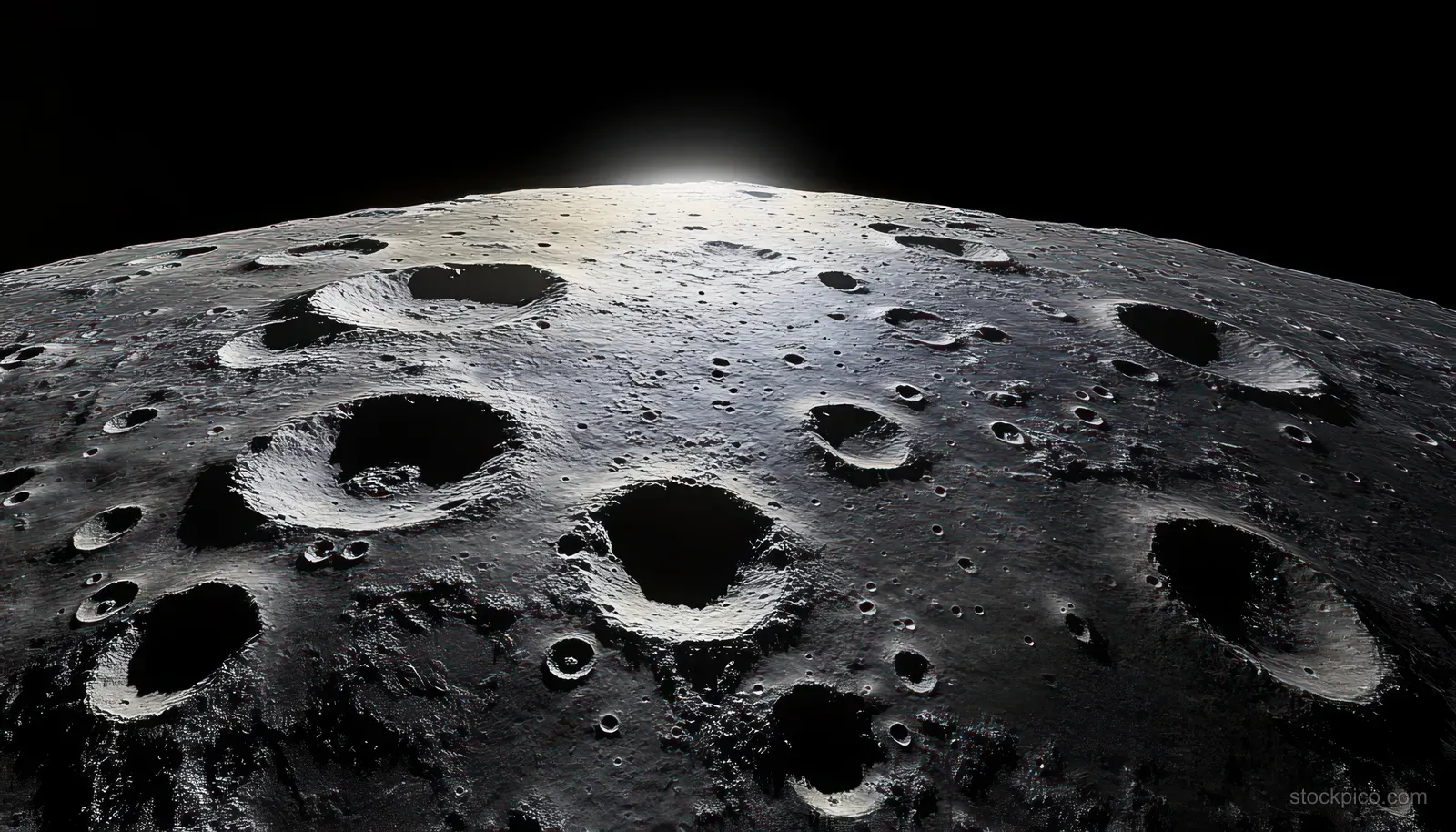 A close-up of a cratered rocky surface with bright highlights and deep shadows across dark lunar terrain.