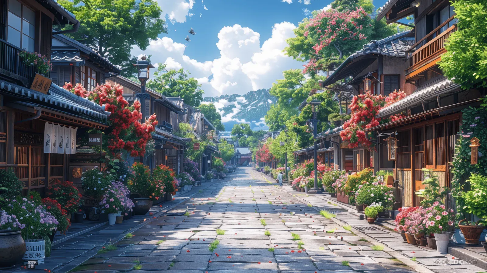Traditional wooden houses line a stone street under sunset light with hanging lanterns and blooming flowers.