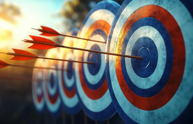 Arrows hitting a colorful target board in a sunlit strategic aiming scene