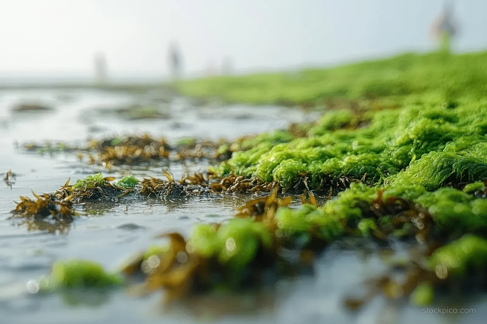 Wet green moss and seaweed cling to rocks along a calm shoreline during low tide.