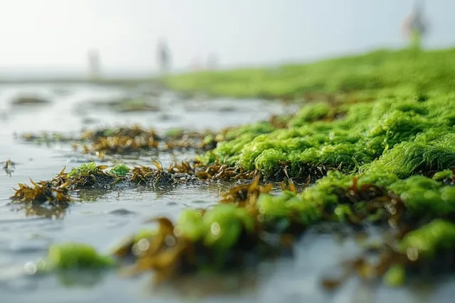 Wet green moss and seaweed cling to rocks along a calm shoreline during low tide.