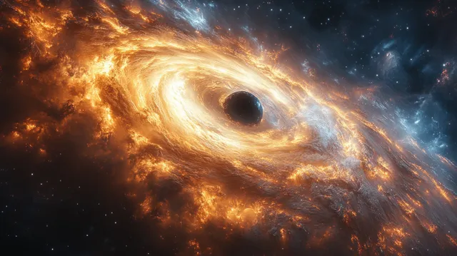 A black hole with a bright orange-blue accretion disk pulls swirling nebula clouds in deep space.
