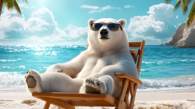 A polar bear wearing sunglasses reclines on a wooden beach chair while ocean waves and palm trees sit behind it.