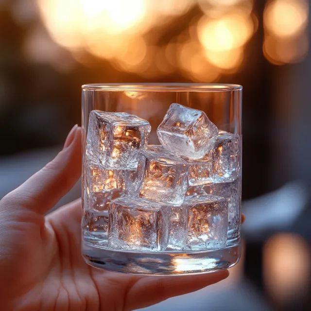 Hand holds a clear glass of ice cubes with warm golden bokeh glow behind with Food And Beverage Close