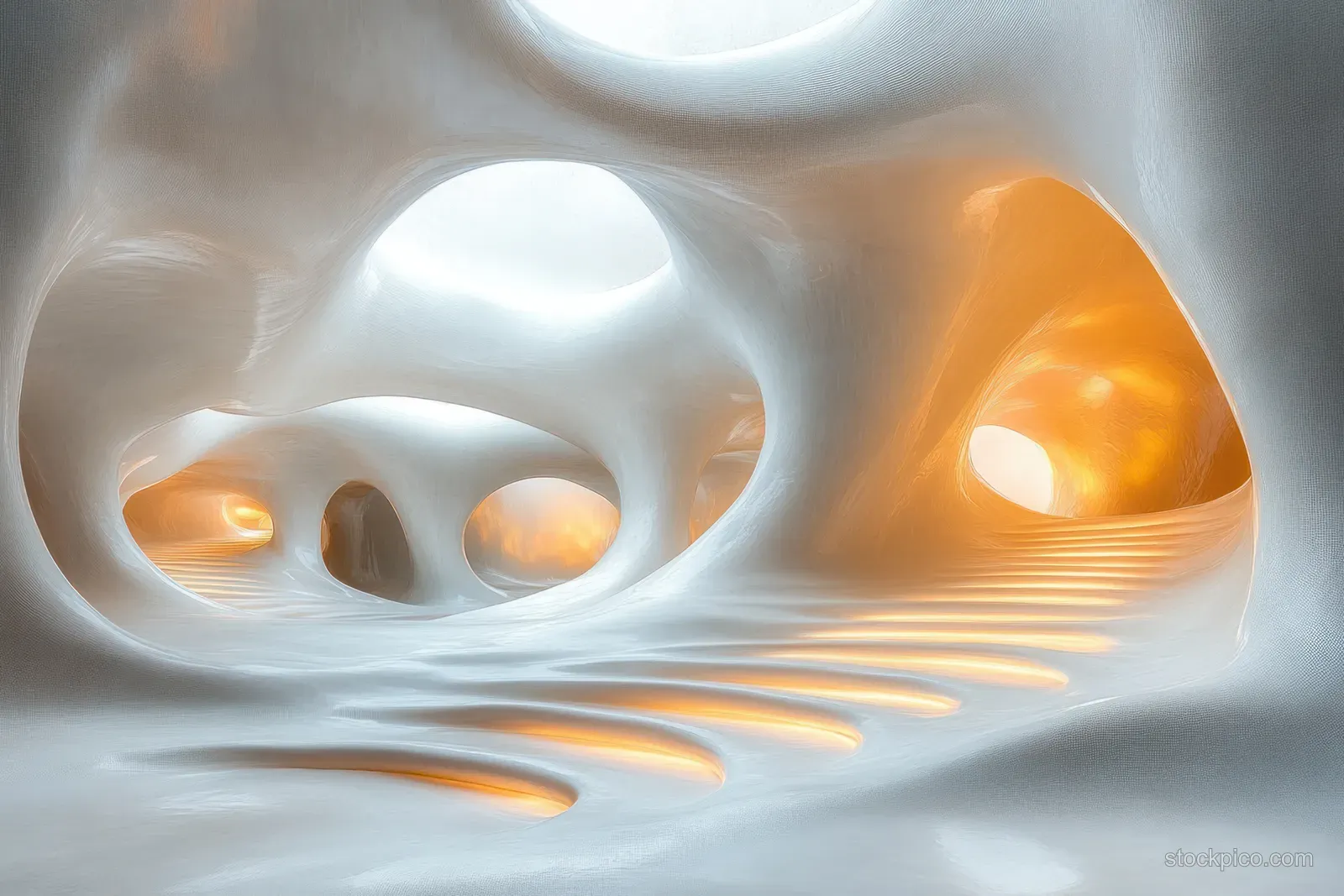 Abstract white wave architecture with curved openings and glowing orange light inside a futuristic interior.