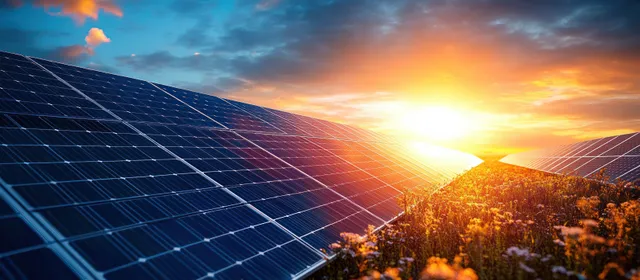 Solar panels on a countryside field glowing under sunset sunbeams and wildflower tones