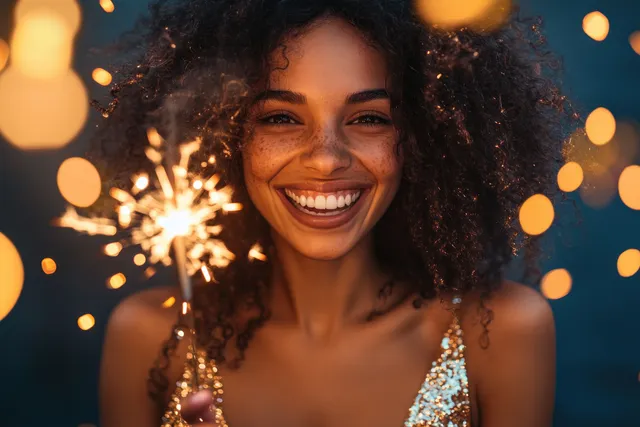 Smiling woman holding a sparkler at a festive party with warm golden bokeh lights behind her.