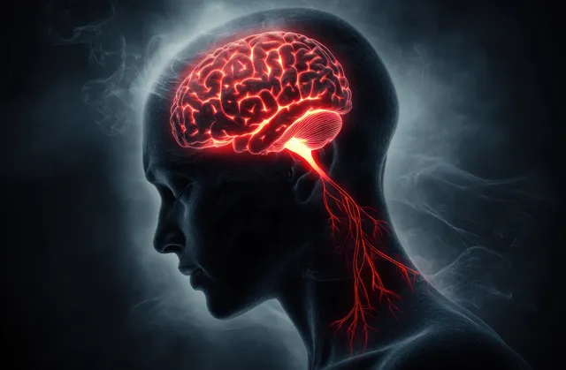 Dark head silhouette with a glowing brain and red neural lines radiating pain light in a smoky background.