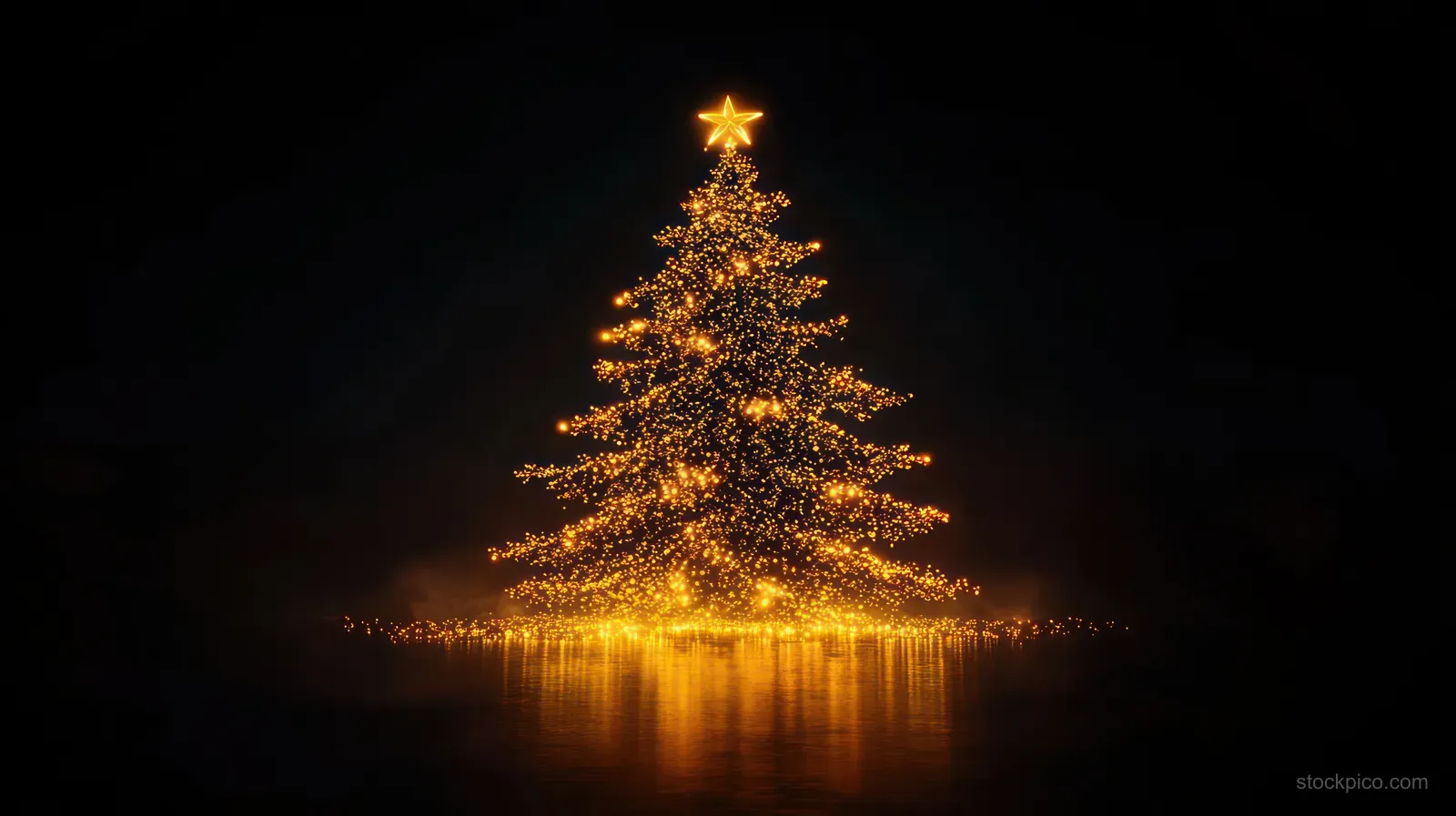 Glowing Christmas tree with a star topper reflects on dark water in a nighttime scene.