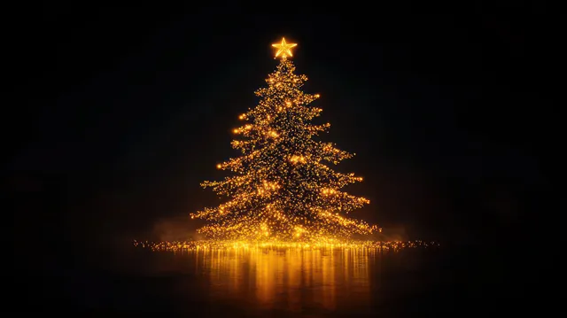 Glowing Christmas tree with a star topper reflects on dark water in a nighttime scene.