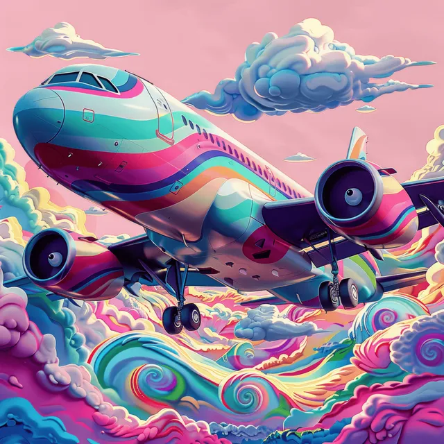 Psychedelic cartoon airplane flying through swirling rainbow waves under a pink dream sky