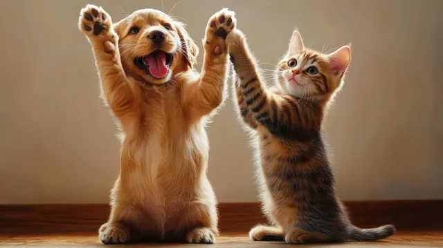 A golden retriever puppy and a striped kitten sit on a wooden floor with raised paws indoors.