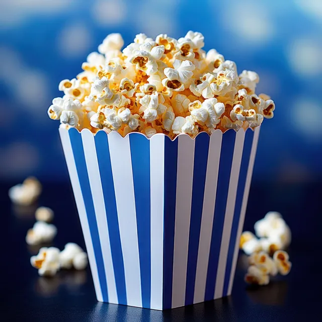 Fresh popcorn overflows from a blue-and-white striped cup with blurred theater lights behind
