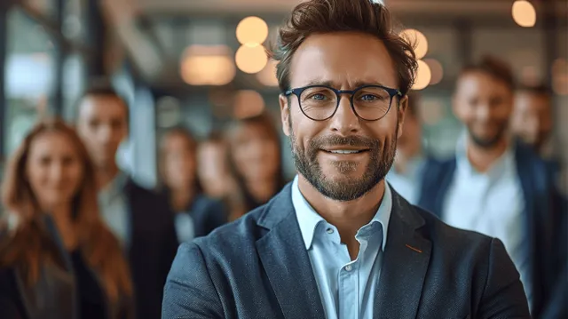 Confident businessman leading diverse office team in a blurred workspace