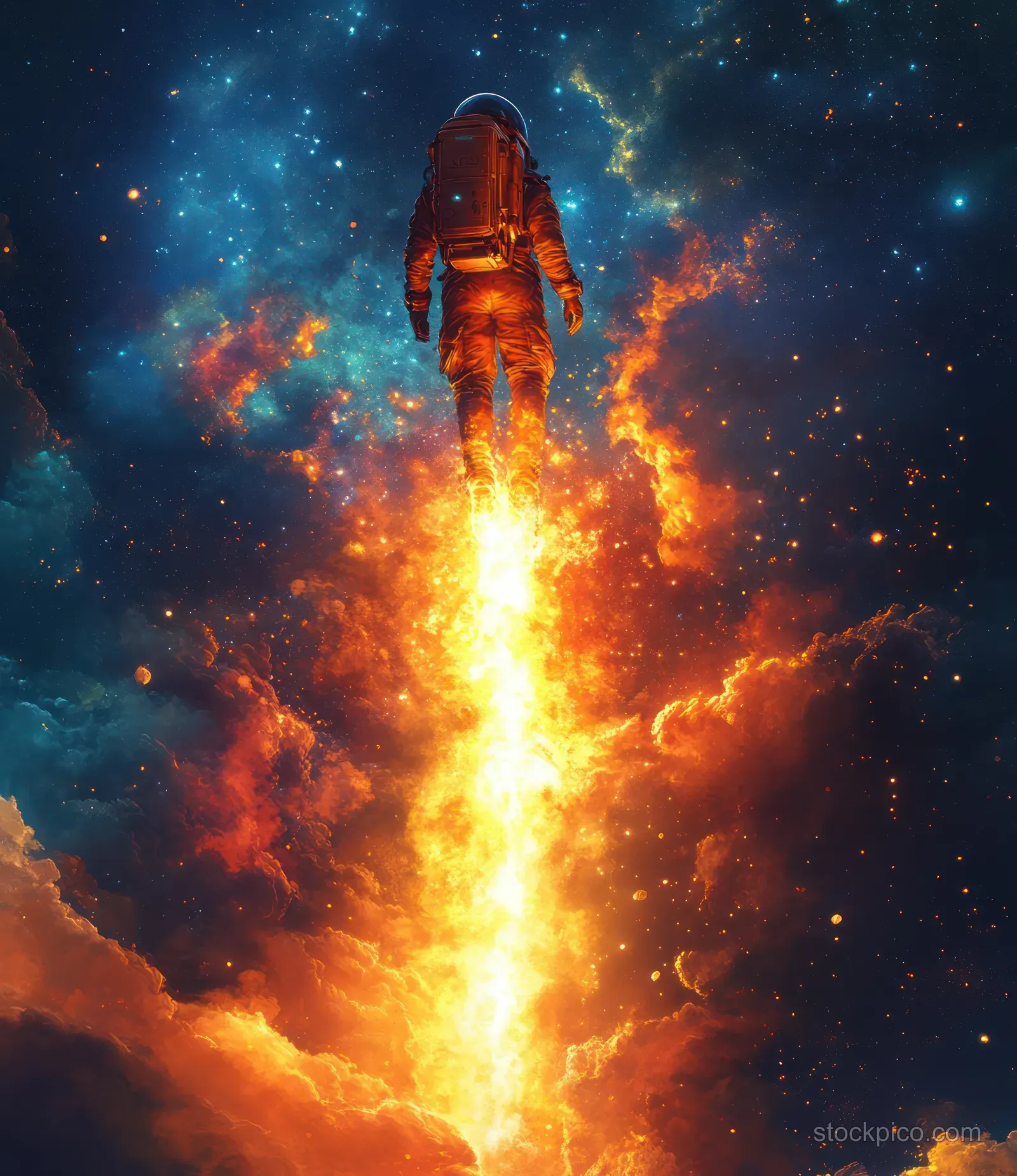 A cartoon courier in a yellow uniform flies a rocket through space, trailing flames and carrying an urgent meal box.