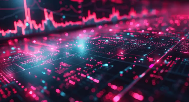A neon red stock market arrow rises across a digital trading chart with glowing data points and grid lines.
