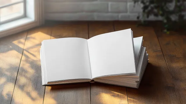Minimalist open book on wooden floor with stacked blank papers in soft window light