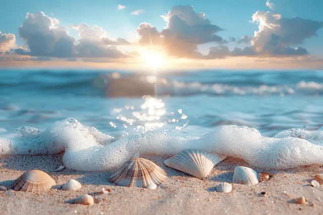 Sunrise over a sandy shoreline with seashells and gentle ocean waves rolling in