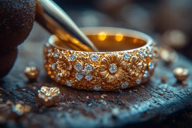 A jeweler engraves an ornate gold ring with gemstone details on a workbench under focused workshop lighting.
