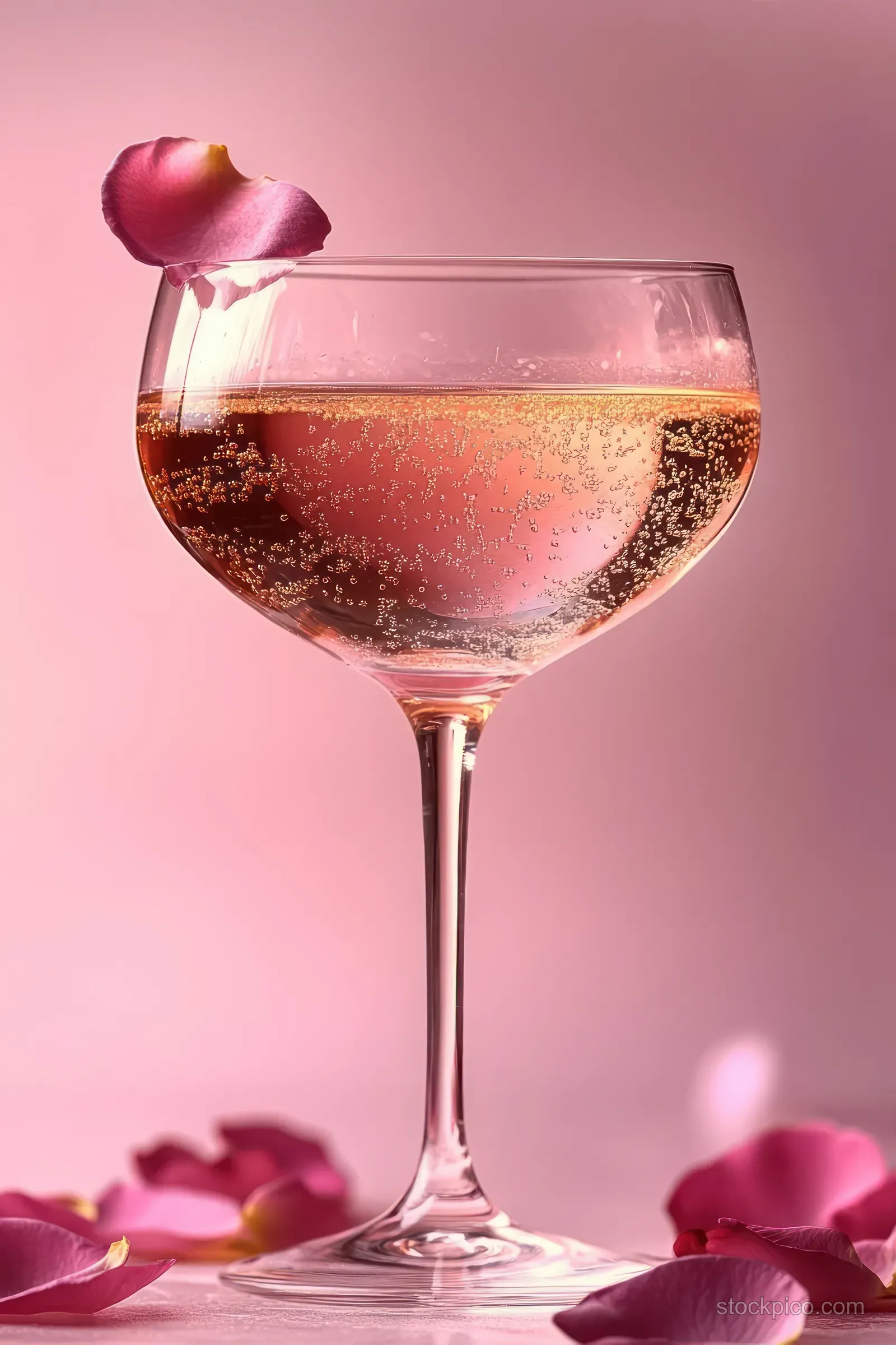 A coupe glass of sparkling rose drink with bubbles and a pink flower petal on the rim against a soft pink background.