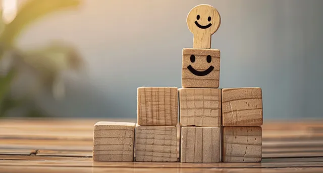 Stacked wooden blocks smiling face and checkmark on a progress bar chart