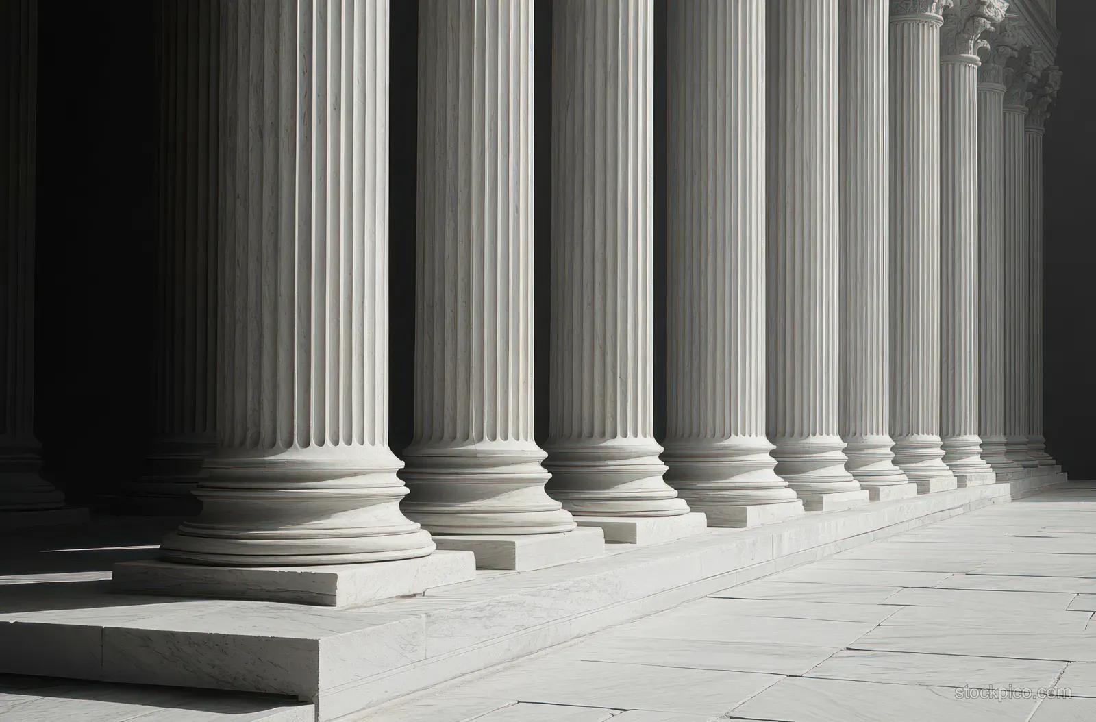 A colonnade of tall fluted stone columns with ornate capitals casts long shadows across a bright stone floor.