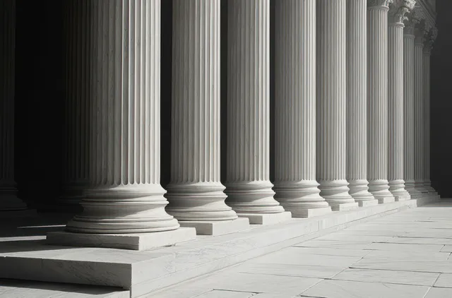 A colonnade of tall fluted stone columns with ornate capitals casts long shadows across a bright stone floor.