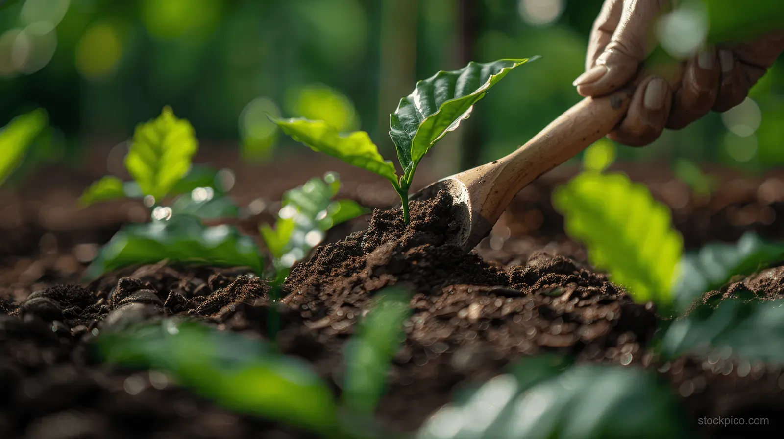 Hands plant a young seedling into dark soil among sunlit green leaves in a garden bed.