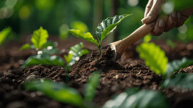 Hands planting a young seedling into dark soil among lush green leaves in sunlight