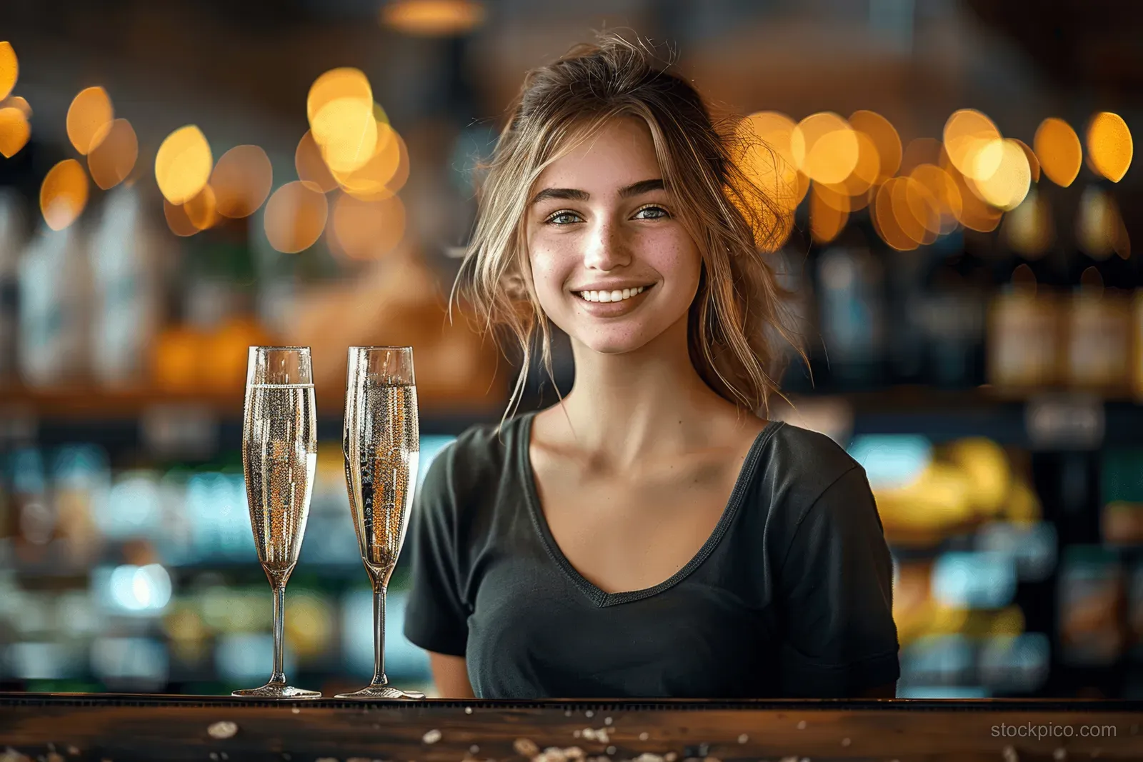 Smiling young female cashier in a uniform stands behind a checkout counter with champagne glasses and warm bokeh lights.