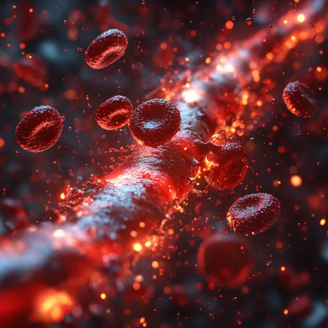 Red and white blood cells flow through a glowing blood vessel with floating microscopic particles.