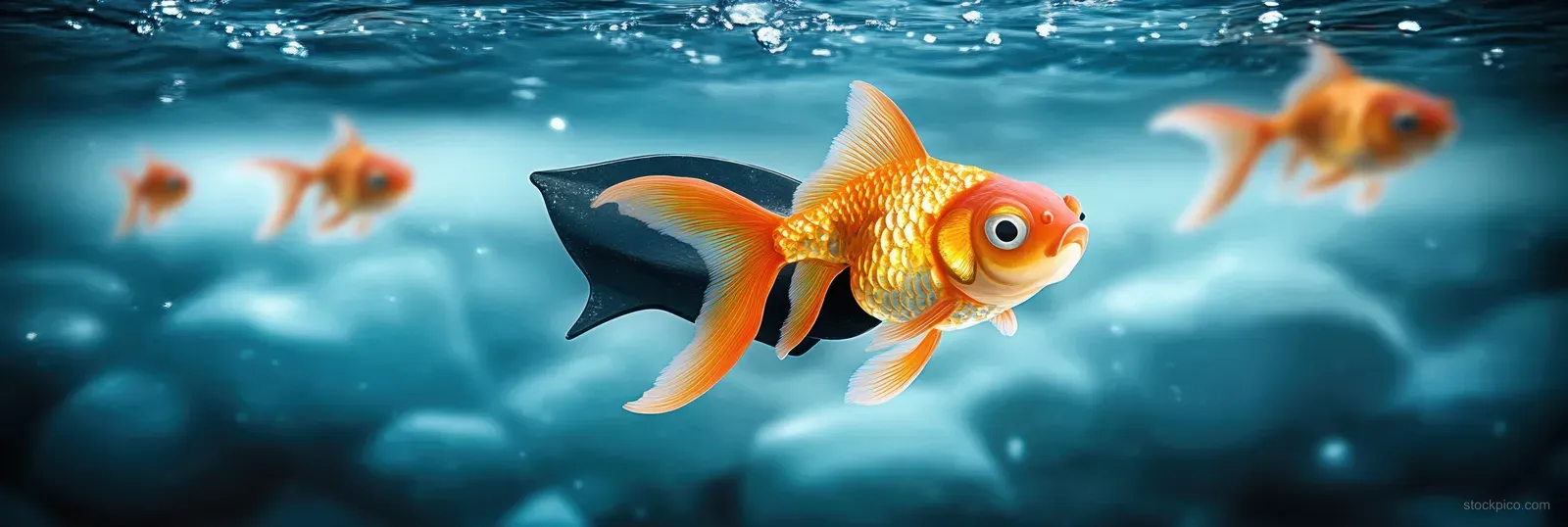 A goldfish wearing a shark fin costume swims forward in choppy ocean water while other fish trail behind.