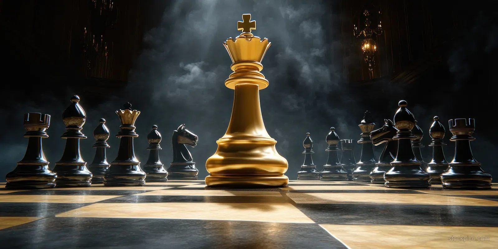 Golden chess king towers over black pawns on a dark, smoky chessboard with dramatic lighting and shadows.