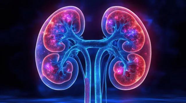 Neon anatomical illustration of both kidneys with glowing blood vessels on a dark gradient background.