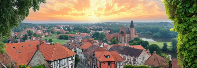 Timber-framed European houses and a church steeple overlook a river valley under a colorful sunset sky.